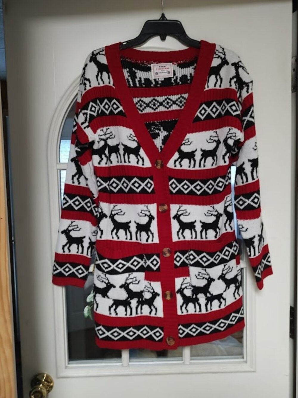 Merry Christmas From Daisys Boutique Red White Black Deer Cardigan Women's L